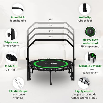 JUMPZYLLA Mini Rebounder Trampoline for Adults, Fitness Trampoline with Bar - color: Green, size: 40"