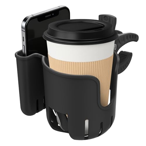 2-in-1 Universal Stroller Cup Holder with Phone Holder - Black