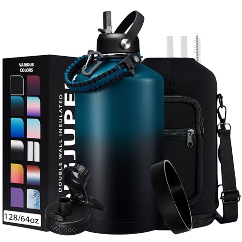 1 Gallon Water Bottle Stainless Steel - 128oz Insulated Flask Water Bottle with Sleeve Strap, Big Water Jug with Straw & Spout Lid, Gym Camping Gallon Water Bottle w/Paracord Handle, protective Boot - color: Indigo Black Gradient, size: 128 Ounces