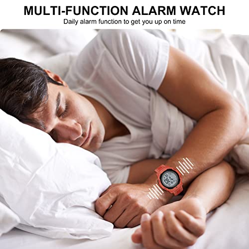 GOLDEN HOUR Mens Waterproof Digital Sport Watches Wide Screen Easy Read Display Military Style with Rubber Strap - color: red
