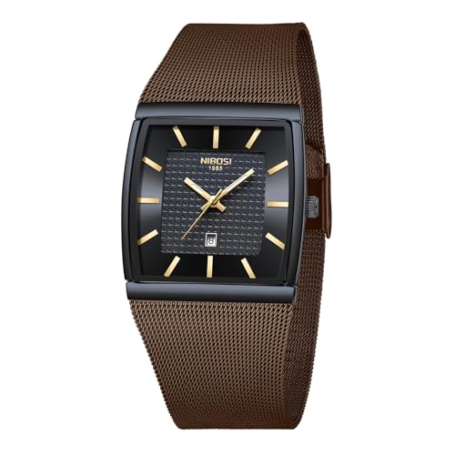 NIBOSI Men's Analog Watch, Square Dial Mesh Strap, Date Display - color: 2376-Brown Black