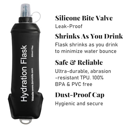 2Pcs 500ml Soft Flask, TPU Collapsible Soft Water Bottle for Hydration Pack, Running Vest, Leak-Proof Folding Water Bottle for Hiking Cycling Climbing Jogging- Black - color: 500ML Black