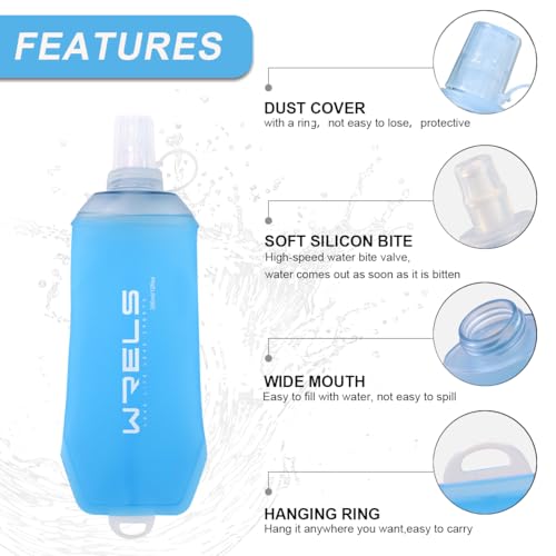 WRELS 200ml/350ml/500ml Collapsible Soft Flask,BPA Free Folding Soft Water Bottle with Hanging Ring,Lightweight TPU Hydration Flask for Running Marathon Cycling Hiking - color: Blue-350ml*1