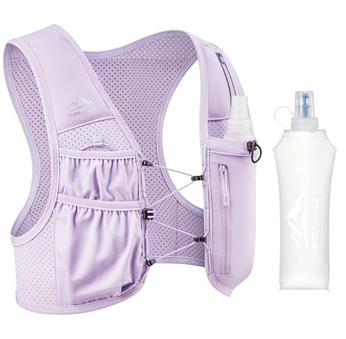 Zelvot Running Vest for Women Men, US Patent, Adjustable Chest Straps Running Hydration Vest with 500ml Soft Flask, Lightweight Reflective Hydration Backpack for Marathon - color: Purple, size: Medium-Large (1 Soft Flask)