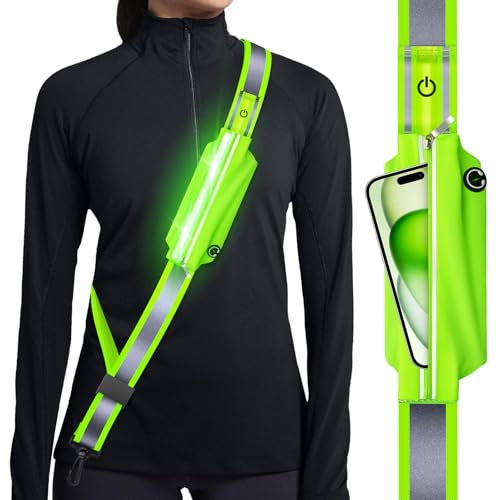 Ylzzrs Reflective Sash Gear for Walking at Night,LED Reflective Belt Safety Lights,Lights for Night Dog Walking,High Visibility Type-C Rechargeable with Phone Holder for Men Women - color: Green