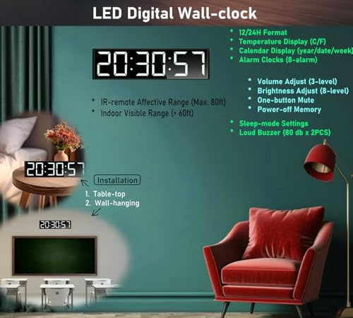 26'' Huge Digital Wall Clock, Home Gym Interval Workout Timer Clock, with Seconds Countdown/up, Stopwatch, 8-Alarms, 7-Color Night Light for Tabata/HIIT/MIIT/EMOM/FGB/Boxing (White)
