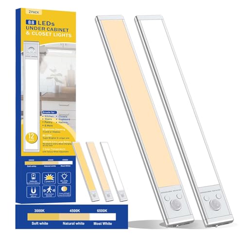 Under Cabinet Lighting, 88 LED Motion Sensor Under Cabinet Lights 3 Colors & Adjust Brightness for Kitchen, Wireless USB Rechargeable Under Counter for Kicthen、Closet (2 Pack) - size: 2 Pack-12 Inch