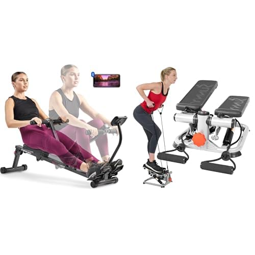 Sunny Health & Fitness Advanced Mini Home Steppers with Resistance Bands - SF-S0978 + Smart Compact Adjustable Rowing Machine, 12 Levels Adjustable Resistance