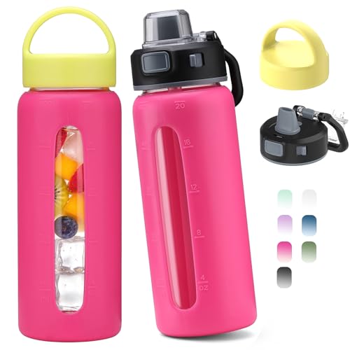 Kodrine 20oz Glass Water Bottle with Straw and 2 Lids Leakproof, Rosered - color: Rose Red, size: 20 Ounces