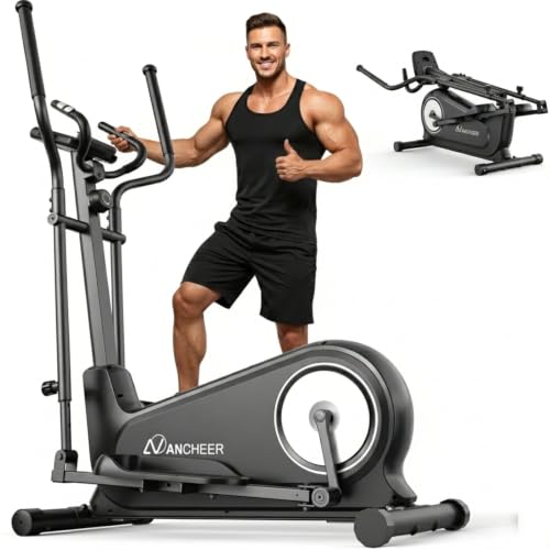 ANCHEER Elliptical Exercise Machine for Home, Foldable Magnetic Elliptical Trainer with 16" Stride, 16 Resistance Levels, Adjustable Pedals, LCD Monitor & Pulse Sensor, 550 LBS Weight Capacity - color: Silver