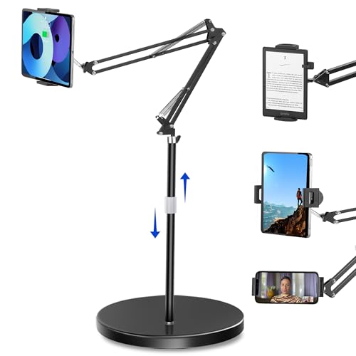 Tablet Floor Stand with 12lb Stable Base Overhead Bed Ipad Phone Holder Mount with Adjustable Height Stretchable Arm for 4.5-13in iPad Pro Air Mini 12.9/9.7, Kindle, Galaxy Tab, CellPhones