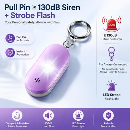 Personal Safety Alarm for Women, 130dB Rechargeable Keychain Alarm with Bluetooth SOS Alerts, Dual Speakers, Strobe Light, Low Battery Reminder, USB-C Emergency Siren for Travel(Purple) - color: Purple