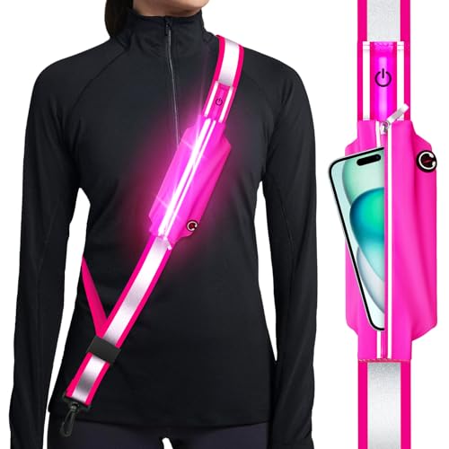 Ylzzrs Reflective Sash Gear for Walking at Night,LED Reflective Belt Safety Lights,Lights for Night Dog Walking,High Visibility Type-C Rechargeable with Phone Holder for Men Women - color: Pink