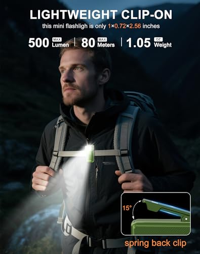 Minsk Rechargeable EDC Flashlight, Mini Flashlights Clip-on Light, 90° Rotatable Head Pocket Light, 500 Lumen Portable Flashlight of Magnetic for Running, Camping, Cycling, Emergency (Green)