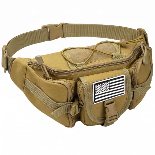 Fanny Pack Waist Packs, Large Crossbody Tactical Fanny Packs for Women Men, Waterproof Hiking Belt Bag with 5 Zipper Pockets, Hip Bum Bag with U.S Patch, Waist Pouch for Outdoor Fishing - Mud - color: Mud
