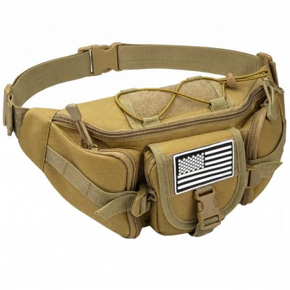 Fanny Pack Waist Packs, Large Crossbody Tactical Fanny Packs for Women Men, Waterproof Hiking Belt Bag with 5 Zipper Pockets, Hip Bum Bag with U.S Patch, Waist Pouch for Outdoor Fishing - Mud - color: Mud