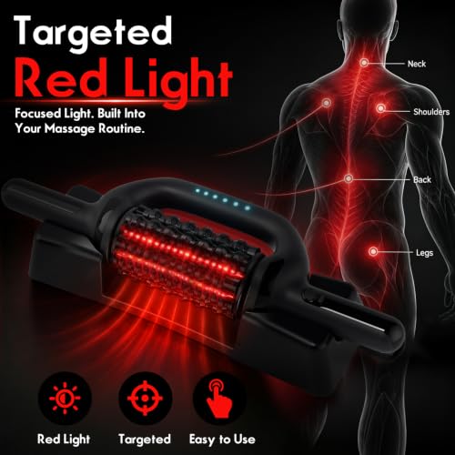 Electric Rolling Massager for Lymphatic Drainage, Red Light Muscle Recovery Roller with Ice Pack, Rechargeable 6-Speed Deep Tissue Massage Stick, Hands-Free Base for Back, Legs, Calves, Arms, Feet
