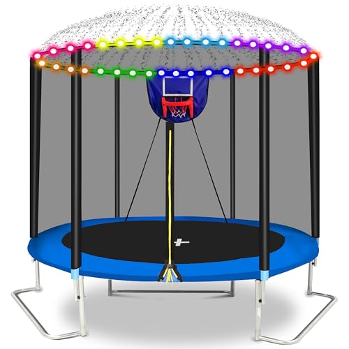 1500 LBS 8FT 12FT 14FT 16FT Trampoline for Kids and Adults, Outdoor Trampoline with Enclosure Net, Sprinkler, Water Ball, Large Trampoline with Lights with Music Speaker, Socks - ASTM Approved - color: Blue 8FT