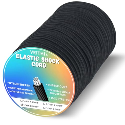 Shock Cord 1/4 inch,Black Nylon Elastic Rope,Bungee Rope,Bungee Cord Roll 100 ft-Bungee Shock Cord for Camping, Kayak,Decks for Repairing Tent Poles, DIY, Tie Downs - style: 1/4inx100ft Black