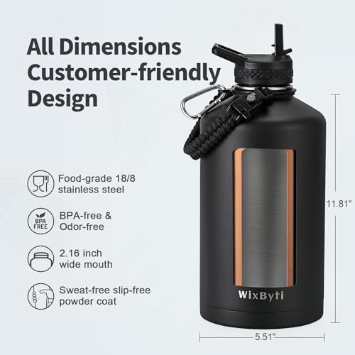 WixByti One Gallon Insulated Water Bottle, Stainless Steel 128oz Water Jug - color: Black, size: 128 Ounces