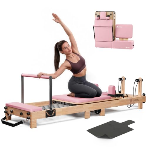 Pilates Reformer, PAETA 92" Wooden Pilates Reformer Machine with Springs, Pilates Machines for Home Use and Studio, Pilates Equipment with Sitting Box, Jump Board and Accessories - color: Blush