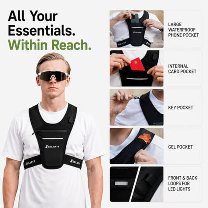 ZelaFit™ Running Phone Holder Vest for Women & Men – Lightweight Running Gear and Everyday Running Essentials – Chest Rig Phone Holder for Running (Black) - size: Small-Medium