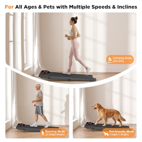 Under Desk Treadmill, Walking Mat with Incline pad, 2.5HP Portable Compact Treadmill for Home Office, Small Mini Walking Treadmill Pad with Remote & 2 in 1 Led Display, 265 Lbs Weight Capacity-Black