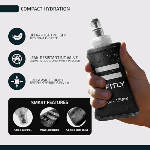 FITLY FLASKS Combo - 3 Handheld Soft Flask, Collapsible Water Bottles for Running, Marathon, Hiking, Cycling (5 oz, 8.5 oz, 13.5 oz / 150-250-400 ml) - color: Black, style: Sporty