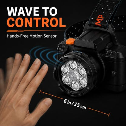 LED Headlamp with Motion Sensor and Battery Display, 7 LED Head Lamp with 6 Light Modes and Adjustable Elastic Headband, Hands Free Headlight for Adults, Camping, Hiking, Fishing and Outdoor Work