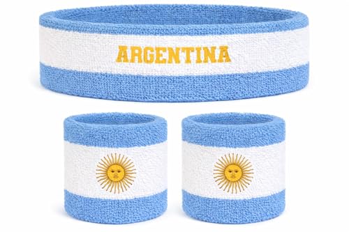 Suddora Country Headband & Wristbands Set (Includes 2 Wrist & 1 Head Sweatband), Highly Moisture Wicking - color: Argentina