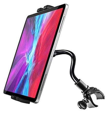 Gooseneck Spin Bike Tablet Mount, Elliptical Treadmill Tablet Holder, Indoor Peloton Stationary Exercise Bicycle Handlebar Clamp for iPad Pro Air Mini, Galaxy Tabs, Kindle, E-Book, 4-11" Device