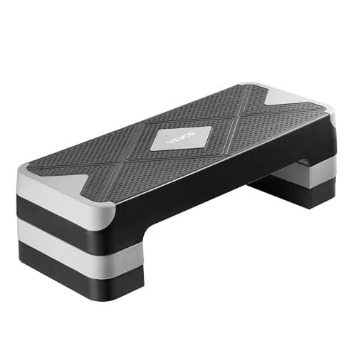 VEVOR Aerobic Exercise Step Platform, 28-Inch Workout Aerobic Stepper, Height Adjustable Fitness Training Step Deck Trainer with 4 Risers, Non-Slip Surface Bench for Home Gym Cardio Strength - color: Gray
