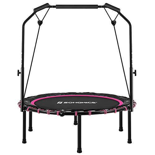 SONGMICS 40 Inches Mini Fitness Trampoline, Fitness Rebounder with Adjustable Handrail, Foldable Trampoline for At-Home Workout, Max. Load 264.6 lb - color: Pink + Black