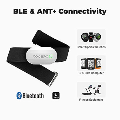 COOSPO Bluetooth Heart Rate Monitor Chest Strap H808S, ANT+ BLE HR Monitor Chest, HRM IP67 Waterproof, 300H Battery Life - color: White