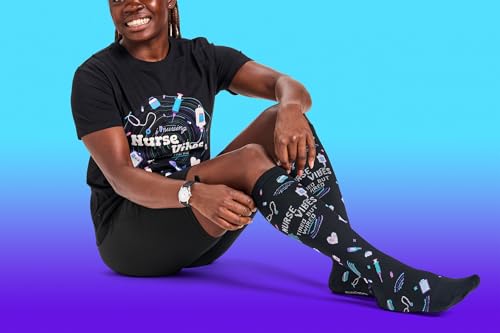 Nurse Mates Women's Wide Calf Socks | 12-14 mmHg Compression | Up to 22" Calf | One Size | 1 Pair - color: Nurse Vibes, size: One Size