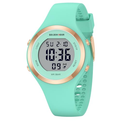 GOLDEN HOUR Waterproof Sport Women's Digital Chronograph Silicone Strap Watch - color: Mint Green