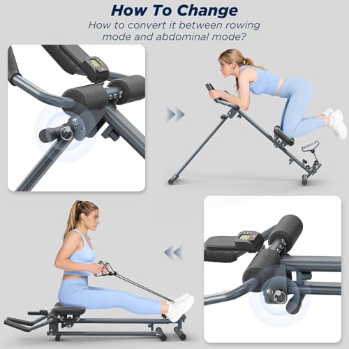 4-in-1 Rowing Machine, Ab Machine – Foldable Full Body Workout Equipment with Resistance Bands for Home Cardio, Strength, and Core Training – Black