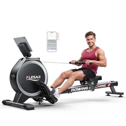 Rowing Machines for Home, Magnetic Rowing Machine with 16 Levels, Rower Machine of 350LBS Weight Capacity & Quiet Resistance, Dual Slide Rail, LED Monitor, App Supported