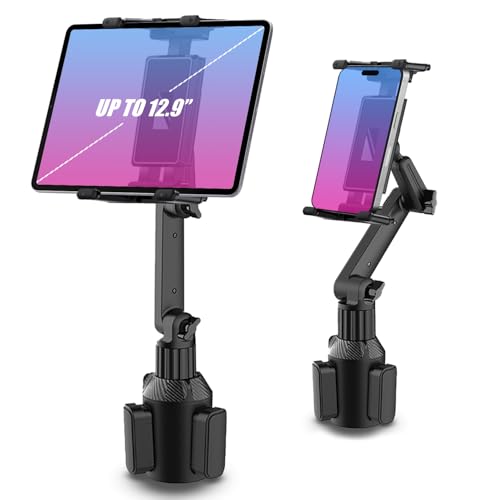 WUITIN Cup Holder Car Tablet Mount for Car, 360° Adjustable 15" Long 2-Arm Stand Holder for iPad,Samsung Galaxy Tab/Z Fold 4/3, iPhone 15/14/Pro, 4.7-12.9" Tab &Phone