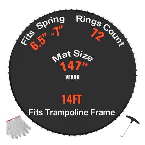 VEVOR Replacement Trampoline Mat, Jumping Mat Fits 12/13/14/15 ft Frame, Universal Jumping Round Trampoline, UV-Resistant Mat with Spring Tool & 72/80/92 V-Rings, Fit 5.5"/6.5"/7" Spring Length - style: 14FT-72 V-rings-6.5-7" Spring Length