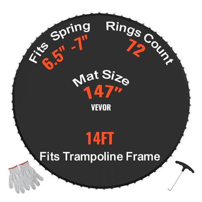 VEVOR Replacement Trampoline Mat, Jumping Mat Fits 12/13/14/15 ft Frame, Universal Jumping Round Trampoline, UV-Resistant Mat with Spring Tool & 72/80/92 V-Rings, Fit 5.5"/6.5"/7" Spring Length - style: 14FT-72 V-rings-6.5-7" Spring Length