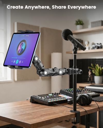 OHLPRO Tablet Holder for Mic Stand, 360° Adjustable Long Arm Tablet & Phone Mount with Clamp, for Treadmill Handlebar, Peloton Bike, Stroller, Wheelchair, Fits 5–13" Devices