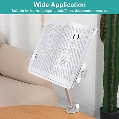 PATIKIL Book Stand for Reading, Metal Reading Rest Book Holder with Page Clips, Height Angle Adjustable, 360° Rotating Arm Suitable for Sheet Music, Laptop