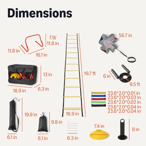 Amazon Basics Sports Agility Ladder Speed Training Equipment Set, 20ft Ladder, 4 Hurdles, 12 Cones, Parachute, Jump Rope, 5 Resistance Bands
