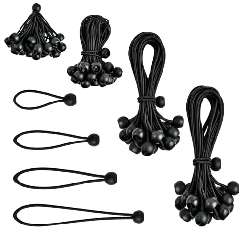 100 Pcs Bungee Cords with Ball, Small Bungee Cords Assorted Sizes with 4, 6, 8, 11 Inch, Heavy Duty UV Resistant Shock Cords, Elastic String Ties for Camping, Tent, Tarp and Canopy Shelter