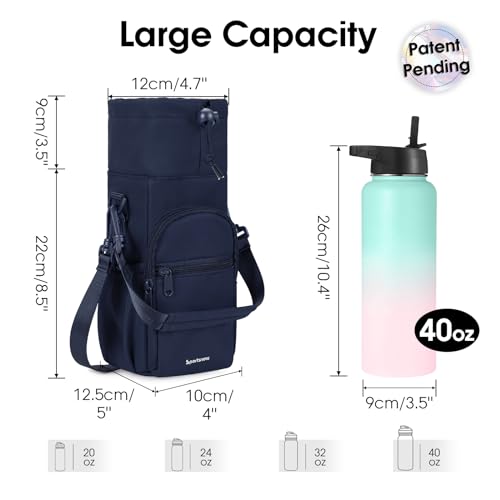 sportsnew 40oz Insulated Crossbody Water Bottle Bag Gym Hiking Phone Pocket - color: Navy Blue