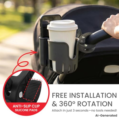 2-in-1 Universal Stroller Cup Holder with Phone Holder - Black