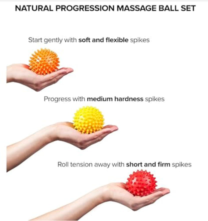 Massage Balls for Feet, Back, Hands, Muscles- Firm Medium, and Soft Spiked Massagers for Plantar Fascitis, Exercise, Neuro-Balance, Physical Therapy, 9cm/7.5cm/6.5cm