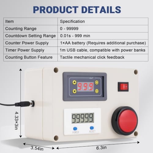 Countdown Tally Counter, 0-99999 Counts & 0.01s-999min Timer
