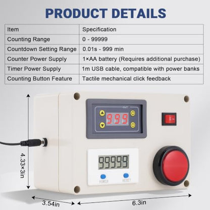 Countdown Tally Counter, 0-99999 Counts & 0.01s-999min Timer